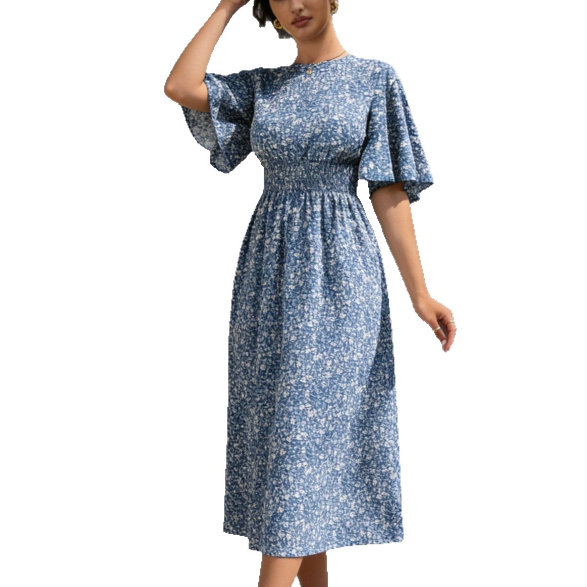 Women's Floral Pleated Midi Dress with Ruffle Sleeves and High Waist