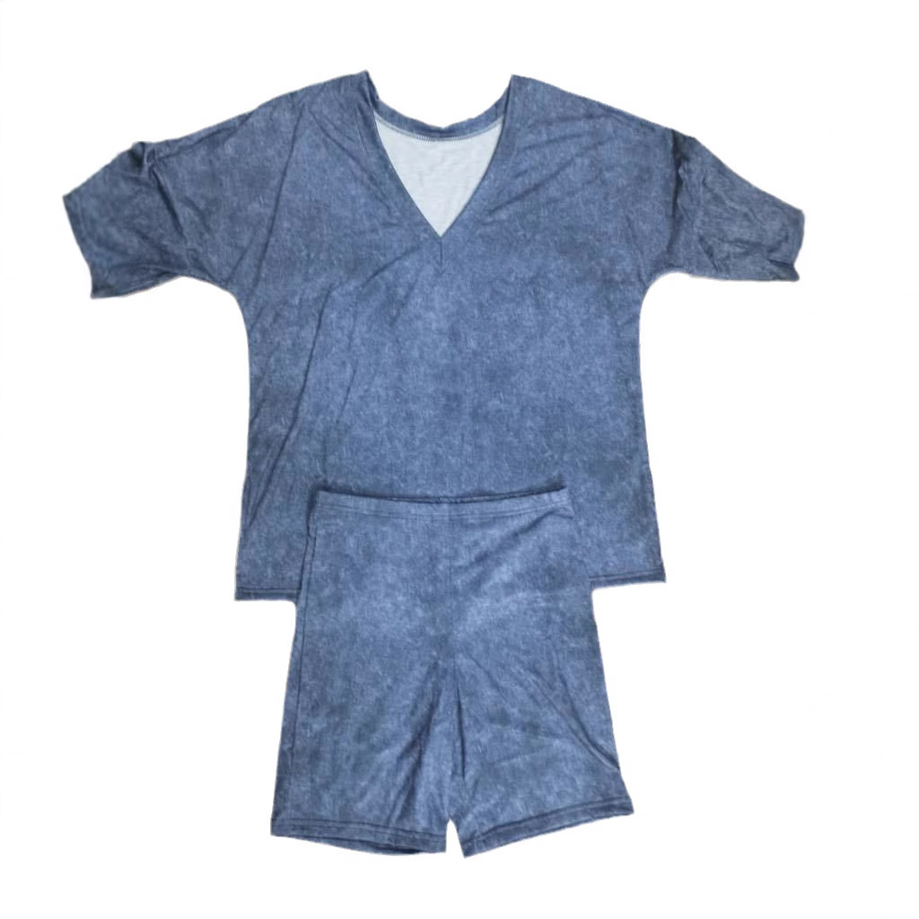 V-Neck Faux Denim Two-Piece Set with Short Sleeve Tee and High-Waist Shorts