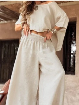 Women's Solid Color Off-Shoulder Bell Sleeve Top Set Casual Loose Summer Two-Piece