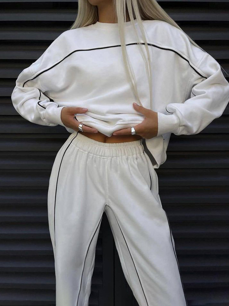 Women's Streetwear Long Sleeve Line Detail Sweatshirt and Pants Two-Piece Set
