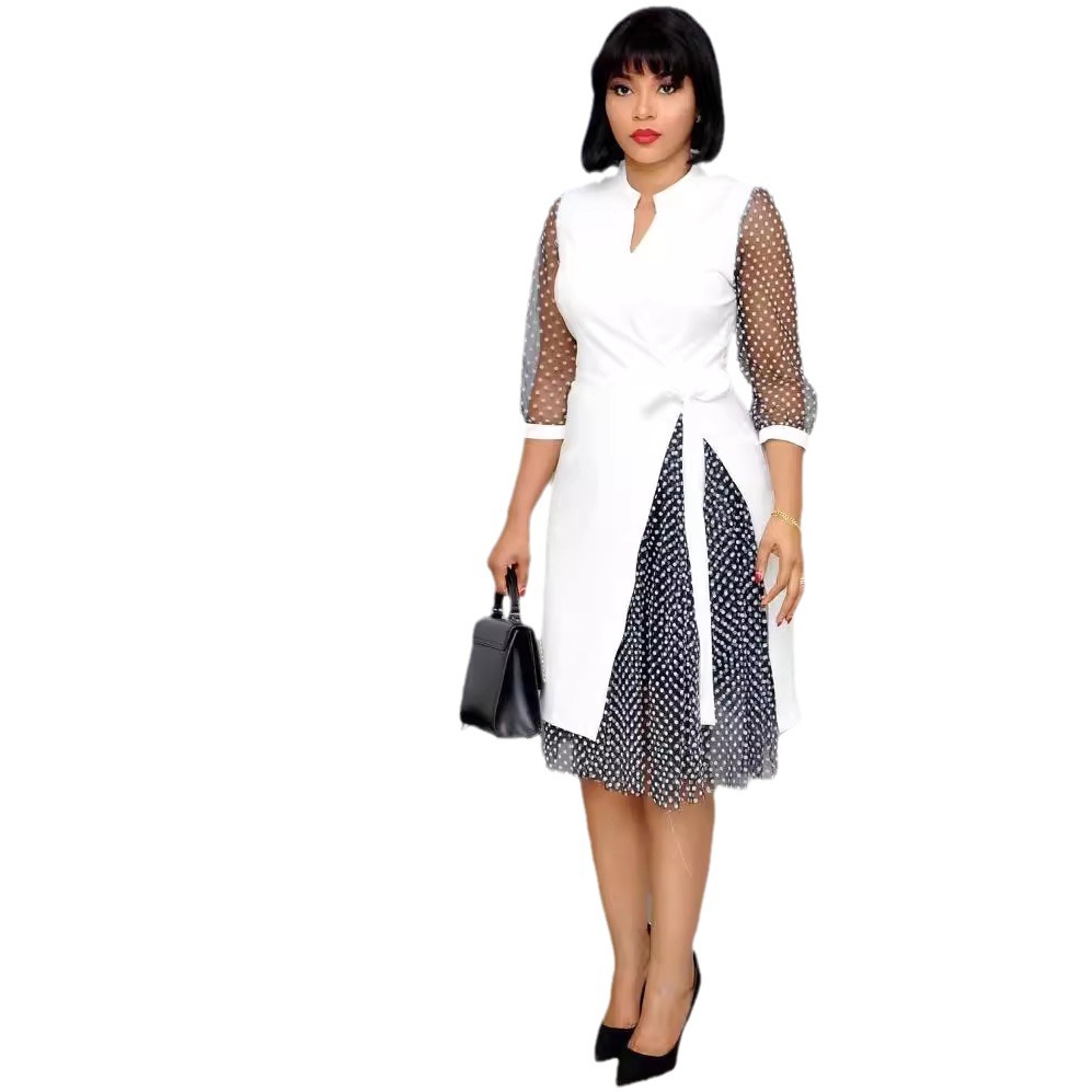 Women's V-Neck Polka Dot Mesh Panel Slit Dress