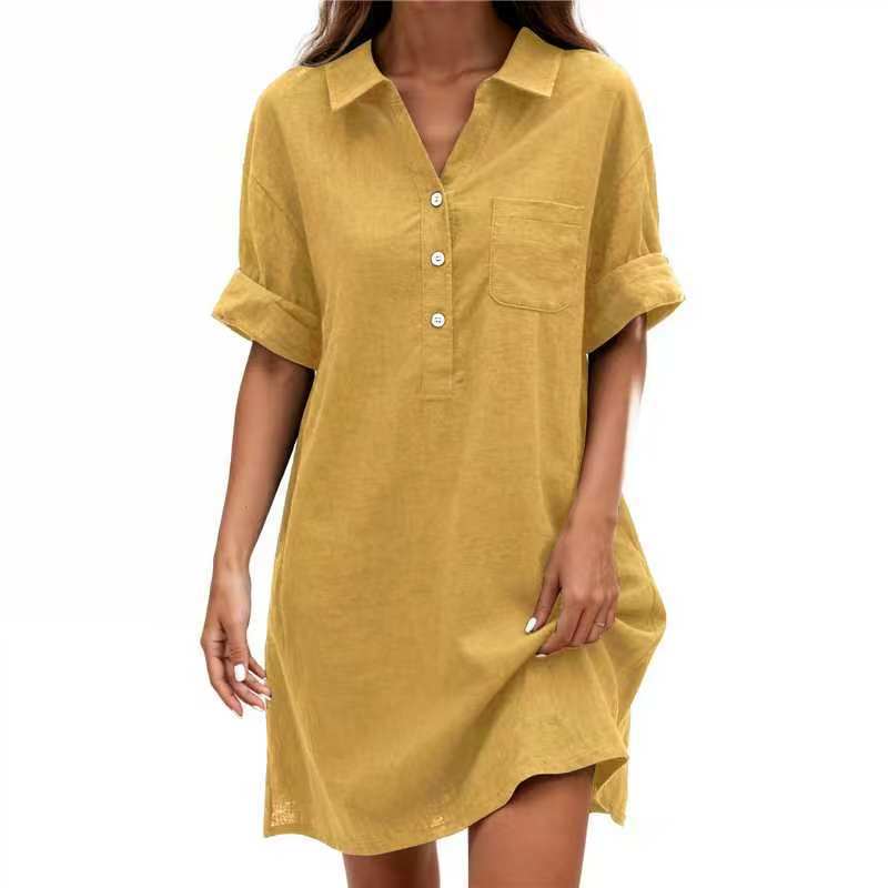 Women's Cotton Short Sleeve Midi Dress with Small Lapel Collar