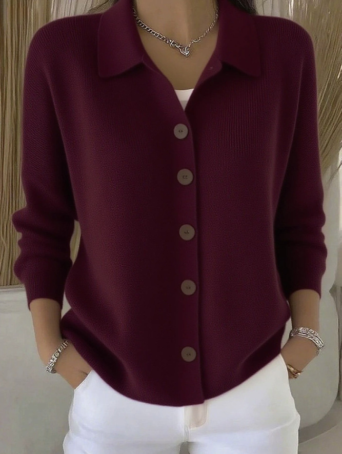 Button-Front Knit Cardigan Sweater with Collar, Solid Color Casual Women's Outerwear