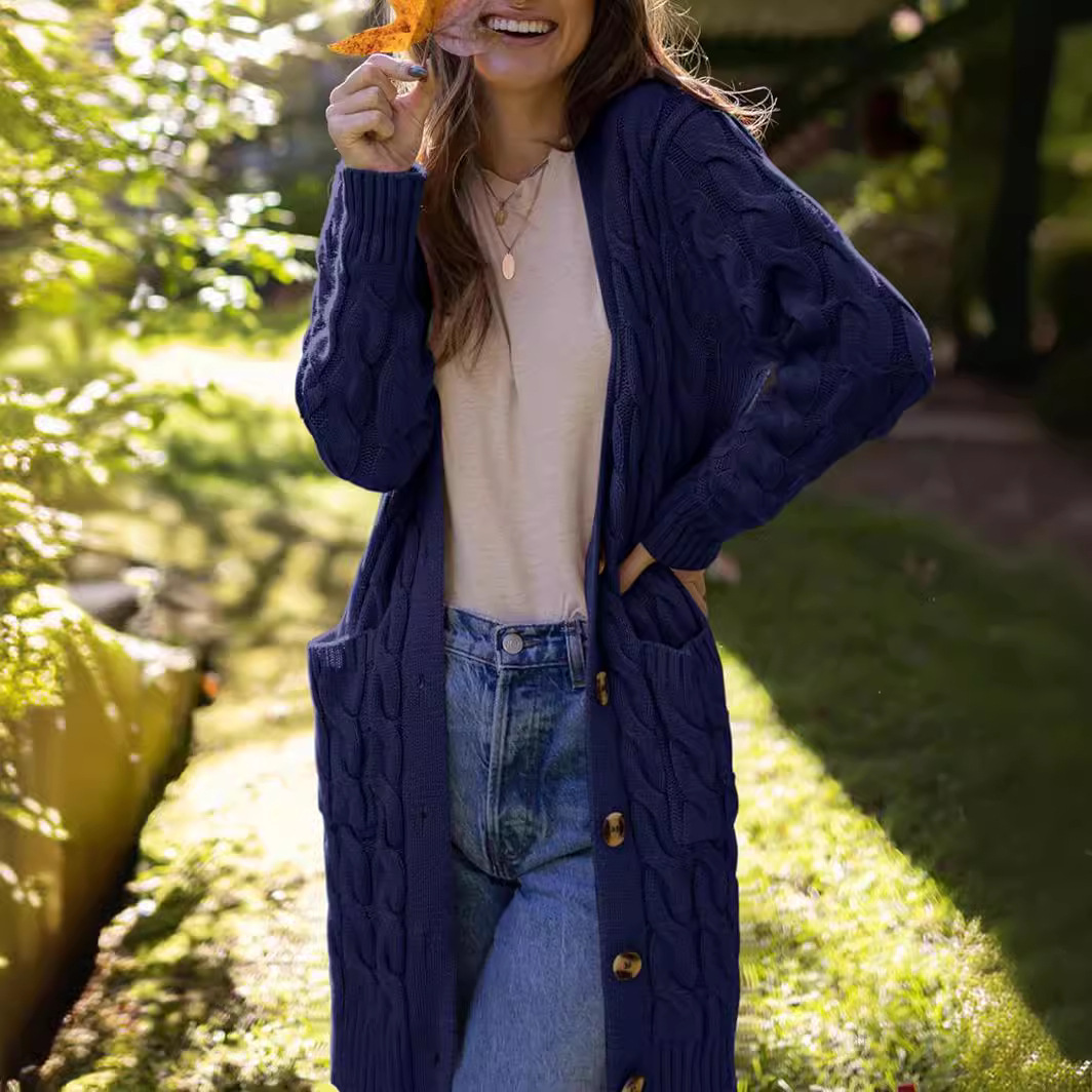 Solid Cable-Knit Long Cardigan with Pockets