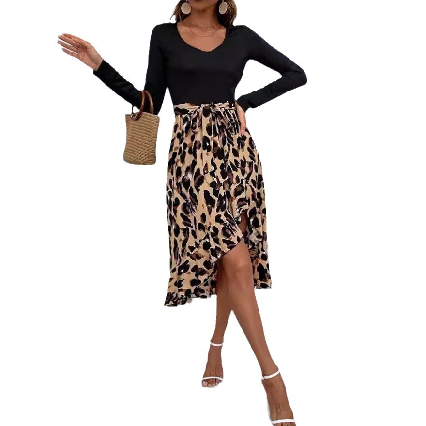 Women's Patchwork Print Asymmetric Ruffle Long Sleeve Dress