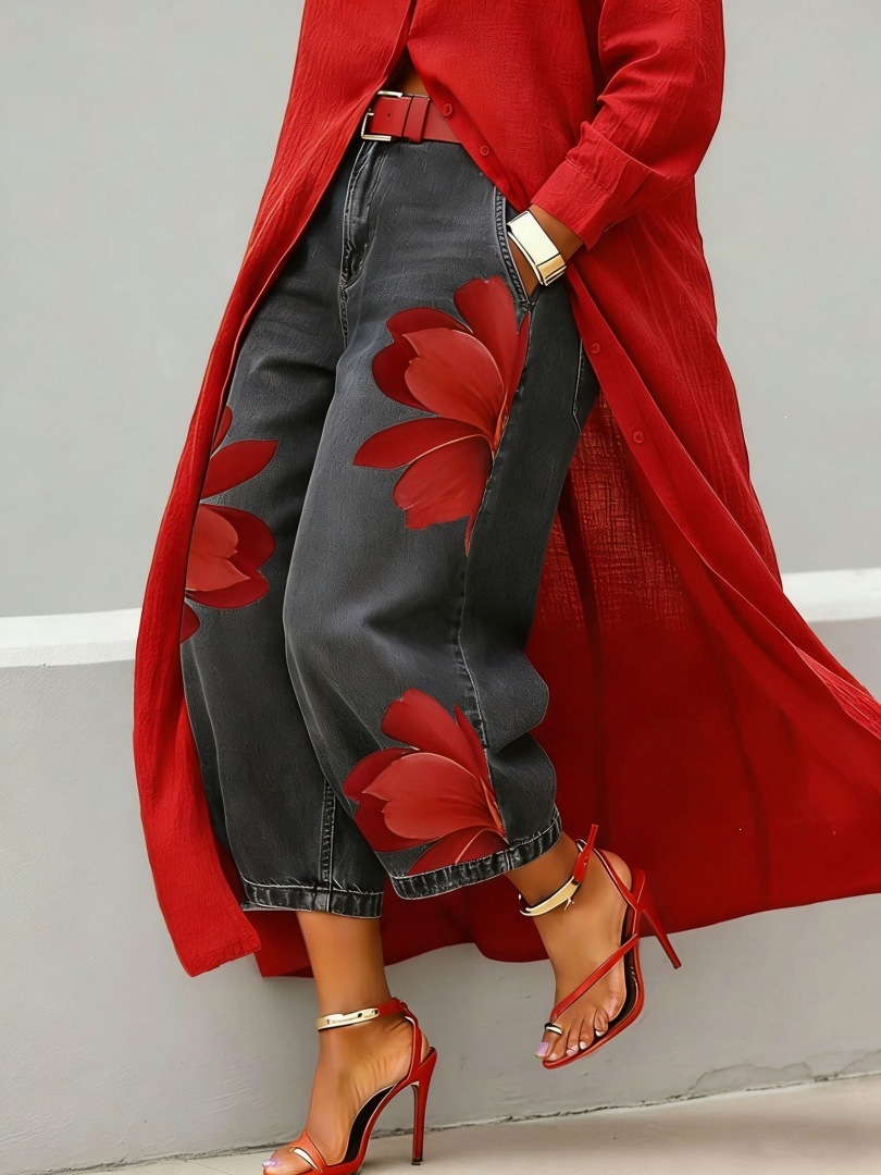 Women's Summer Wide-Leg Faux Denim Pants Printed Loose Fit