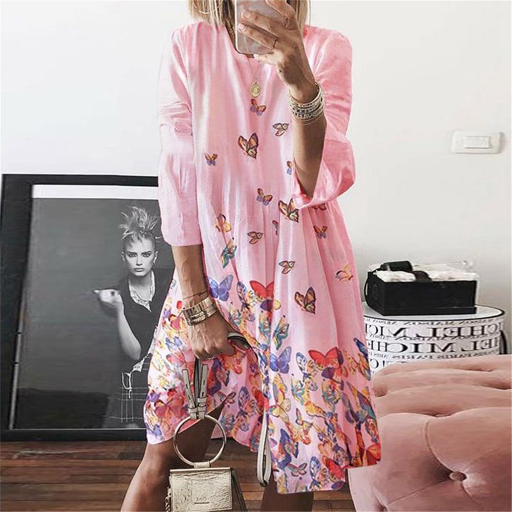 Plus Size Digital Print Round Neck Long Sleeve Dress