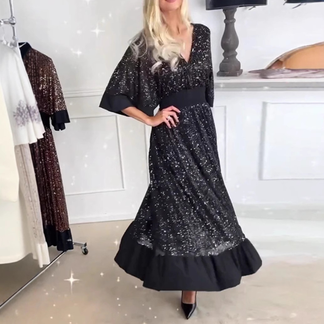 V-Neck Sequin High-Waist Long Dress