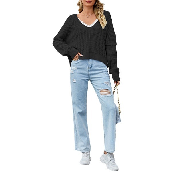 Off-Shoulder V-Neck Loose Knit Sweater