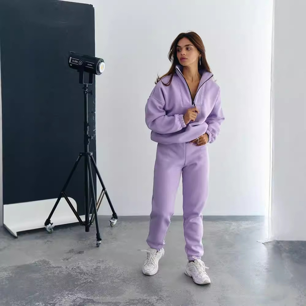 Women's Stand Collar Zip Two-Piece Sweatsuit Set Solid Color