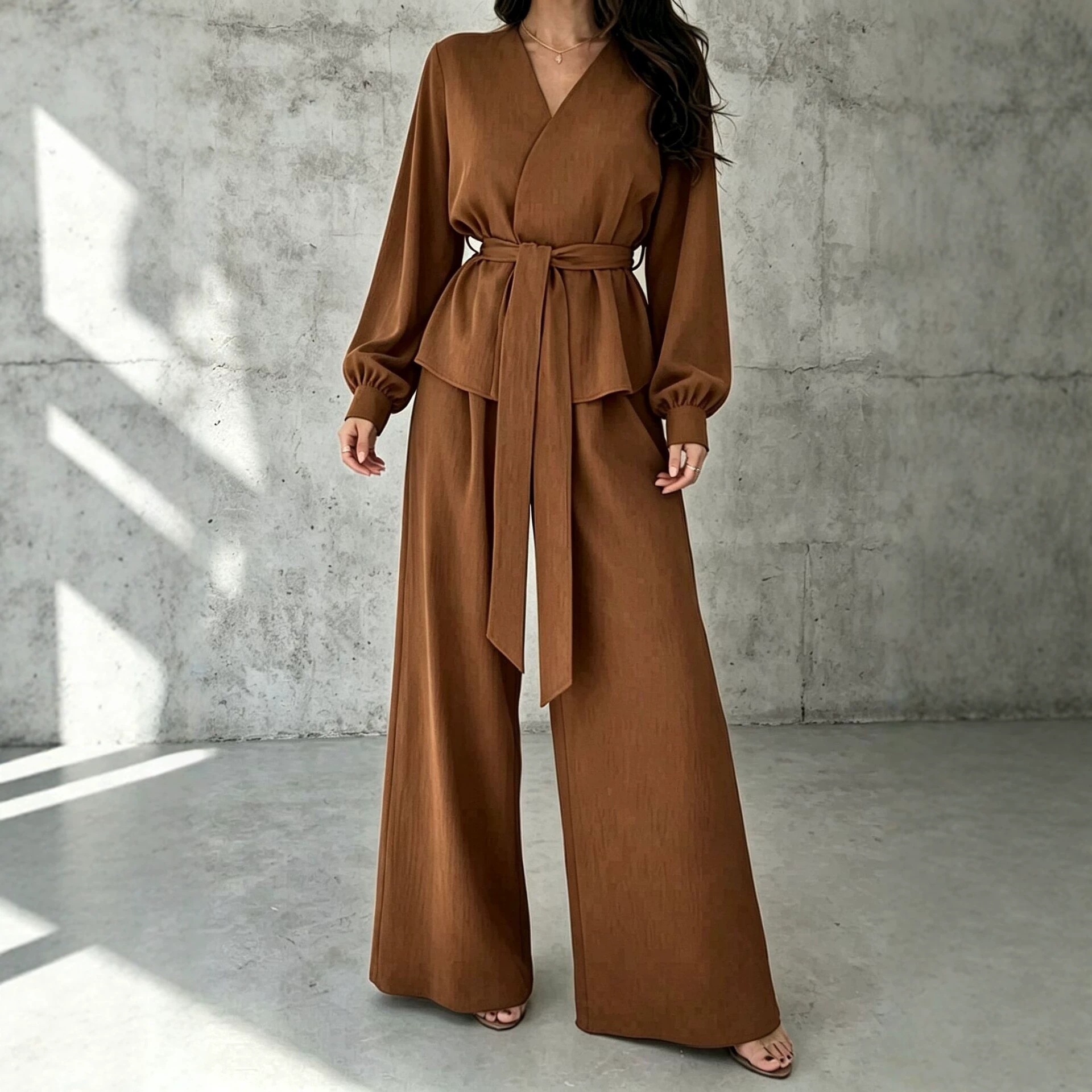 V-Neck Tie-Front Long-Sleeve Wide-Leg Two-Piece Set