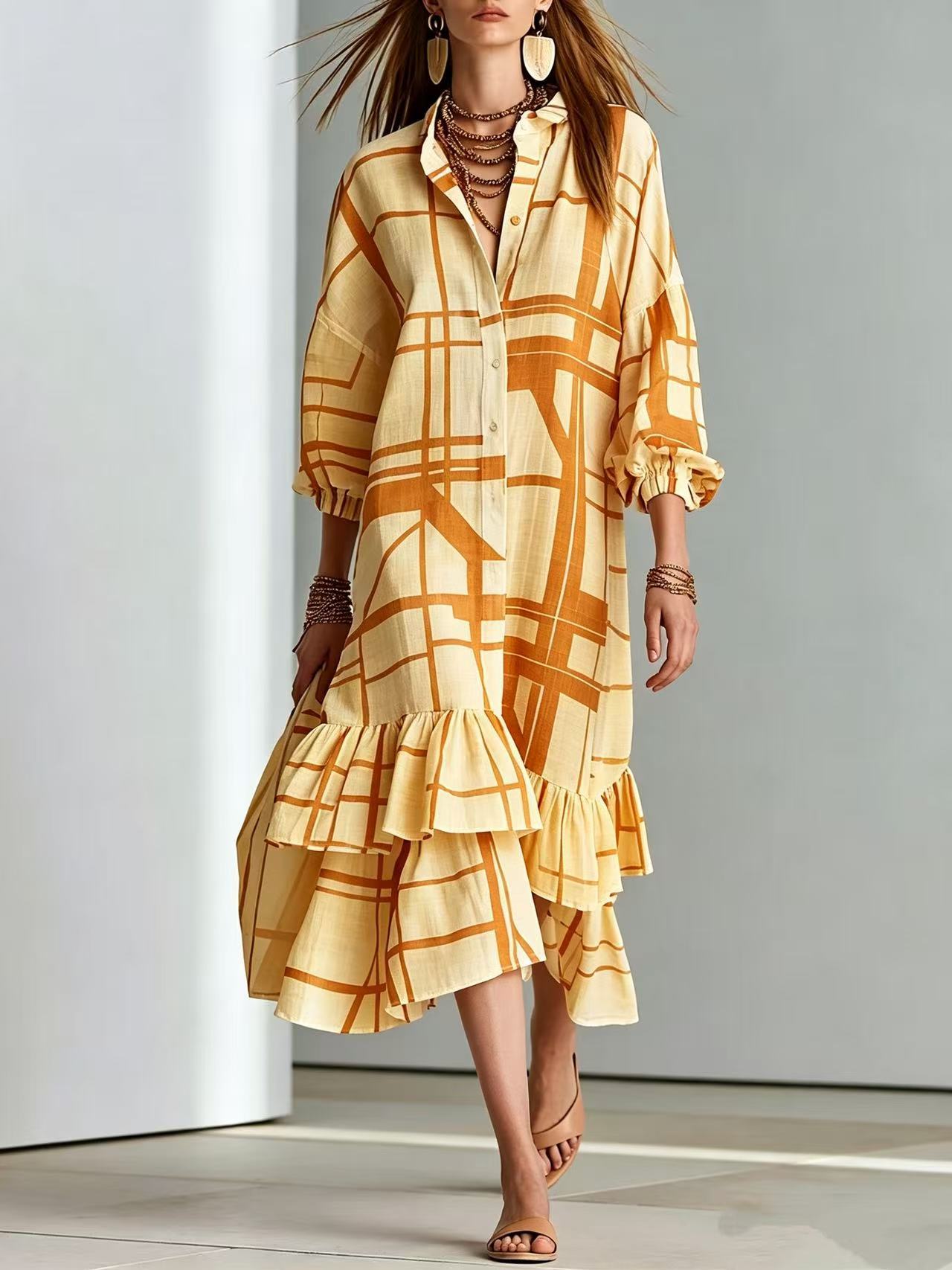 Bohemian Geometric Print Ruffle Asymmetrical Hem Long Shirt Dress