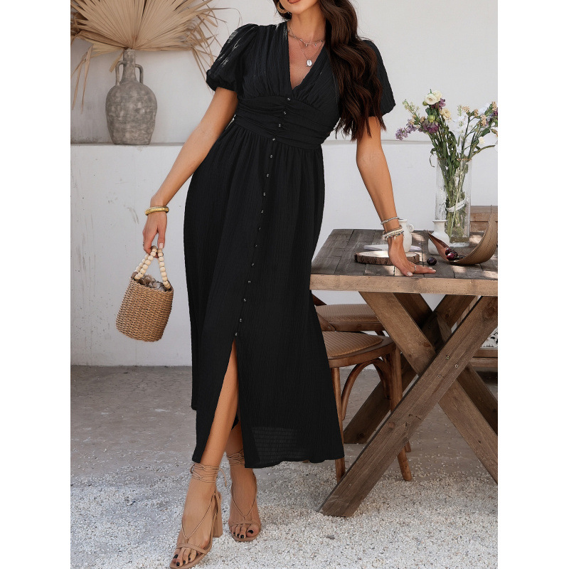 V-Neck High-Waist Short-Sleeve Slit Dress