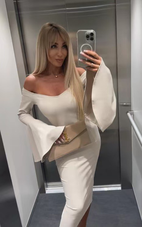 Solid Color Off-Shoulder Flare-Sleeve Slit Dress