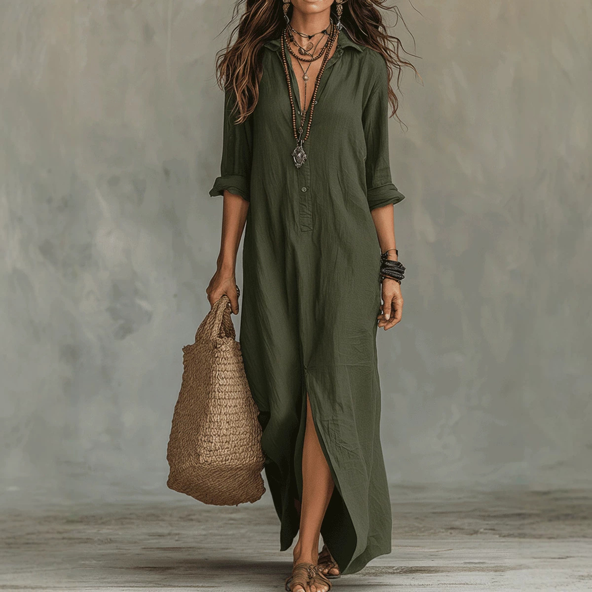 Women's Casual Solid Color Lapel Front Slit Long Dress