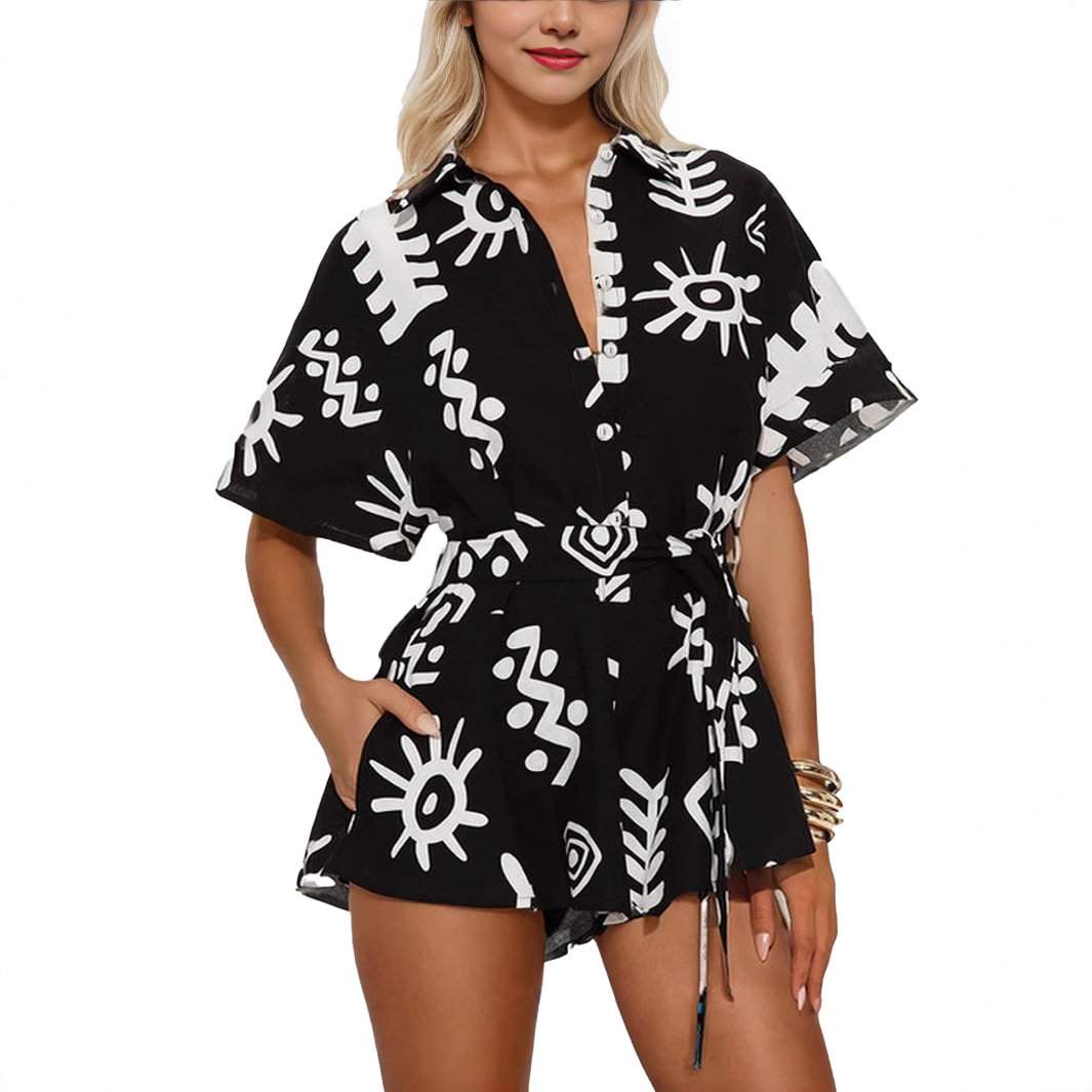 Women's Collared Waist-Tie Short-Sleeve Jumpsuit Casual Loose Romper
