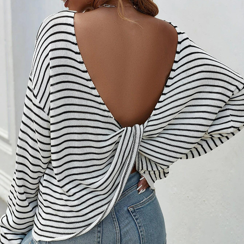 Striped Long Sleeve Open Back Knit Sweater