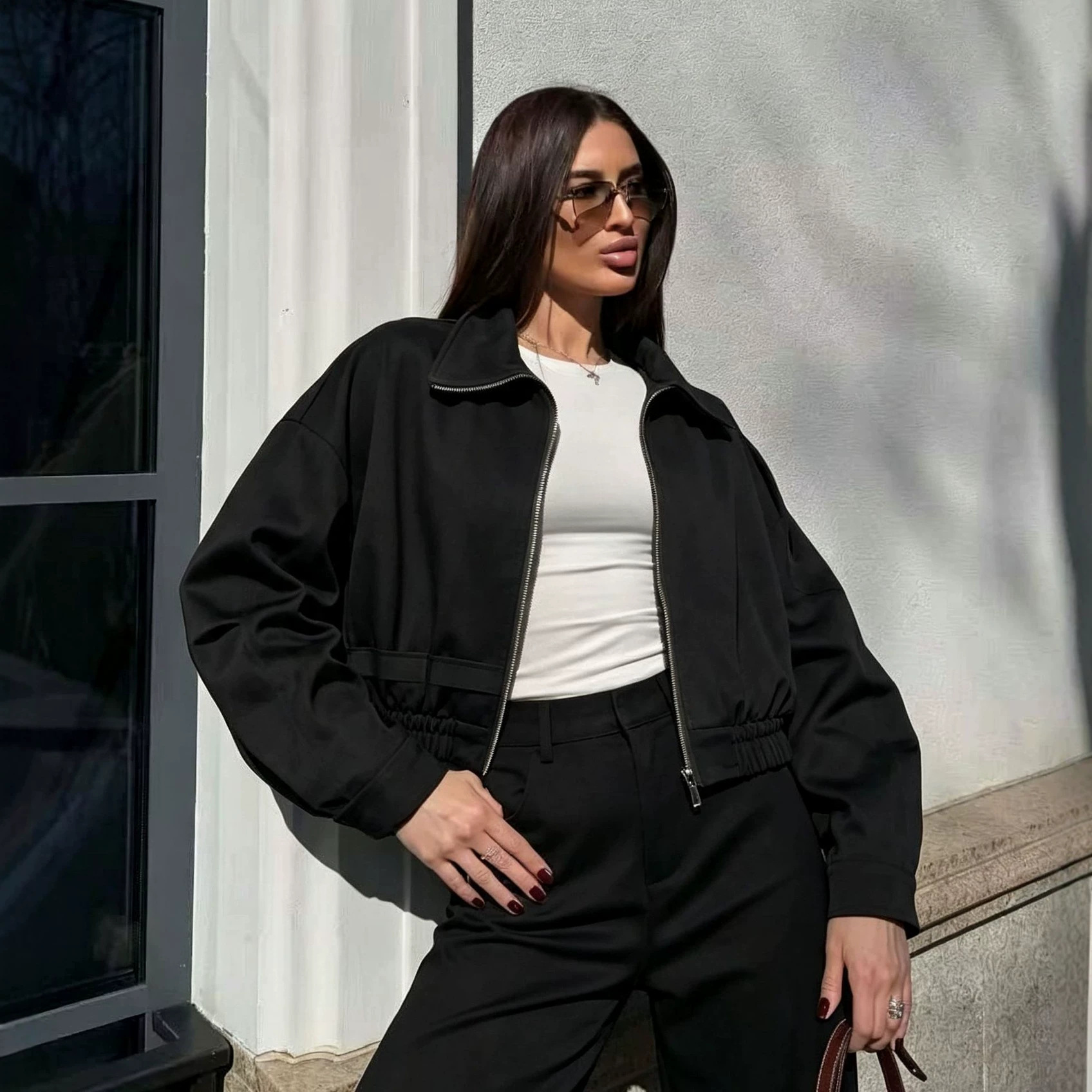 Women's Solid Color Stand Collar Bomber Jacket