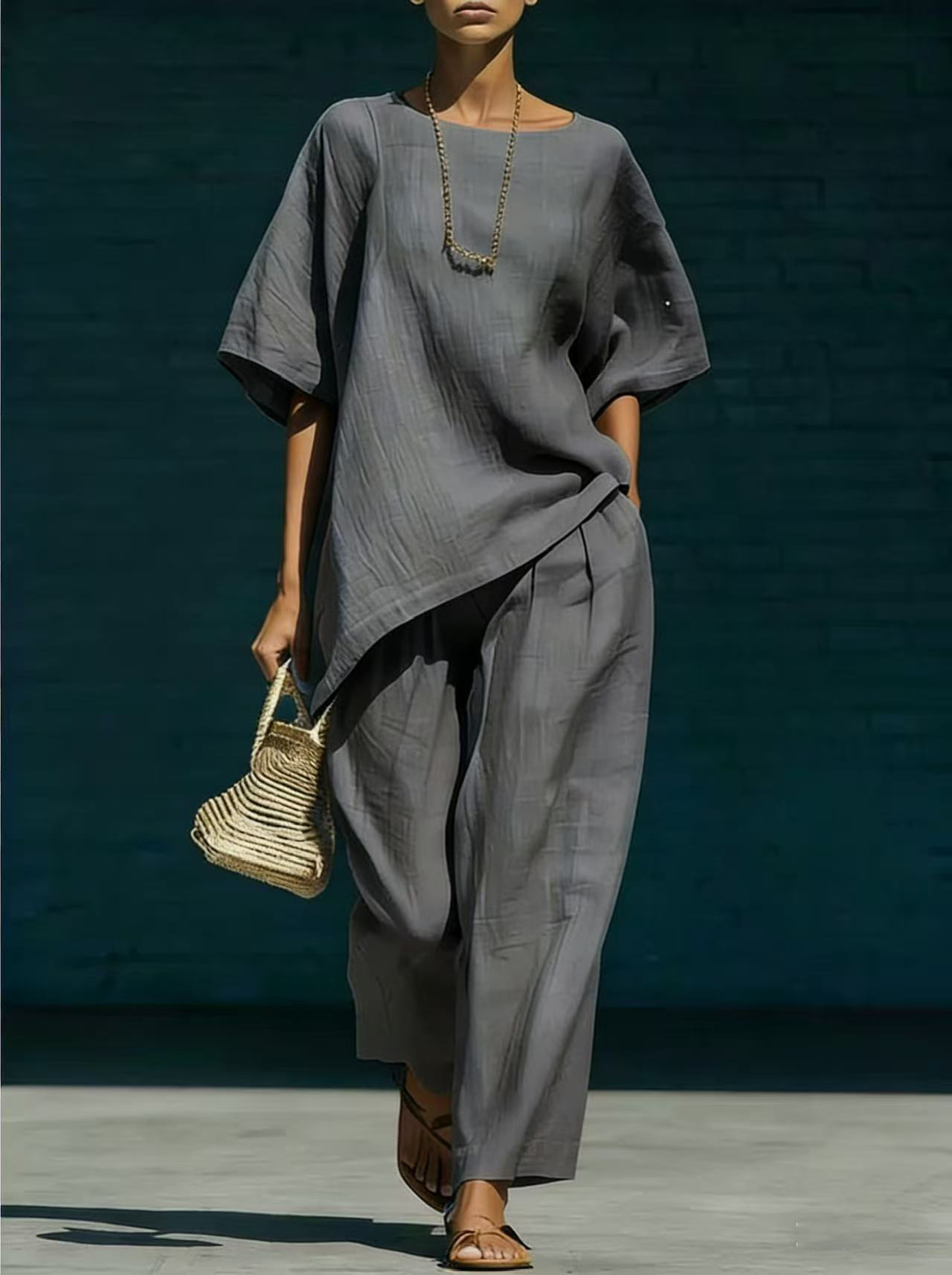 Women's Cotton-Linen Crew Neck Two-Piece Set Casual Urban Outfit
