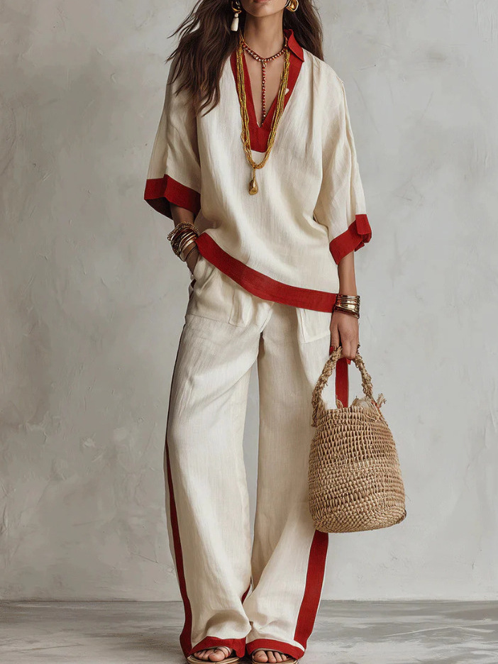 Color-Block Linen Blend Lounge Set – V-Neck Top & Wide-Leg Pants