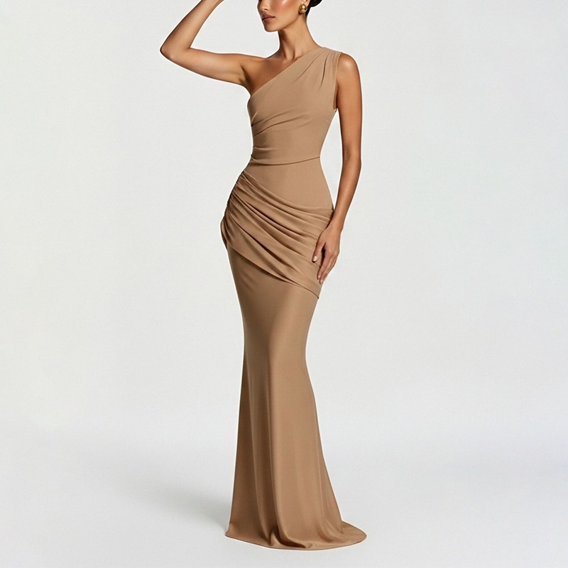 Women's One-Shoulder Bodycon Midi Dress Ruched Elegant Party Dress