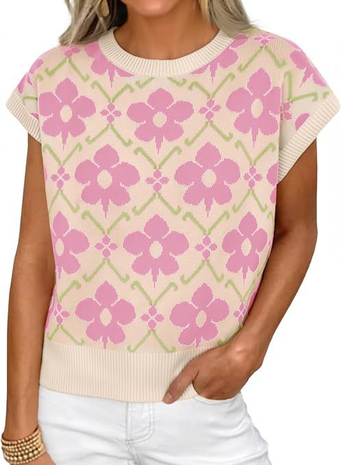 Women's Floral Knit Short Sleeve Sweater Vintage Crew Neck Loose Summer Pullover