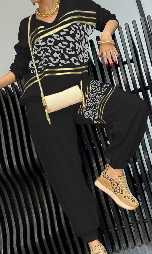 Leopard Print Gold-Stamped Hoodie & Pants Two-Piece Set, Loose Fit