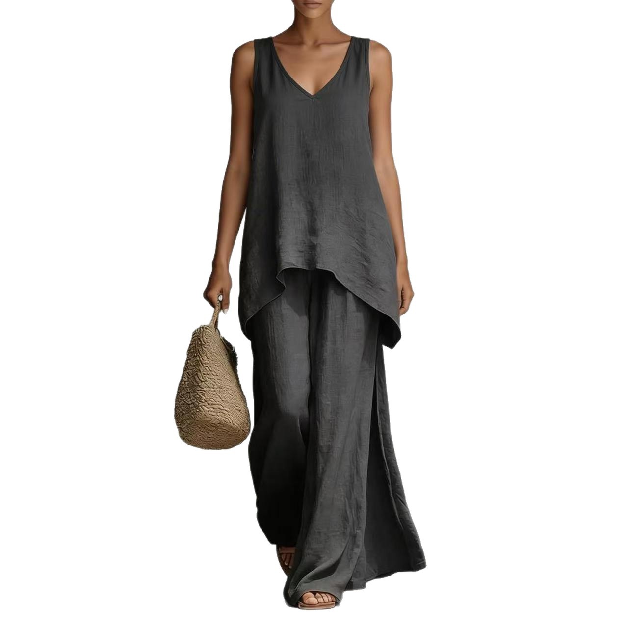 Women's Sleeveless V-Neck Top and Wide-Leg Pants Set Solid Color