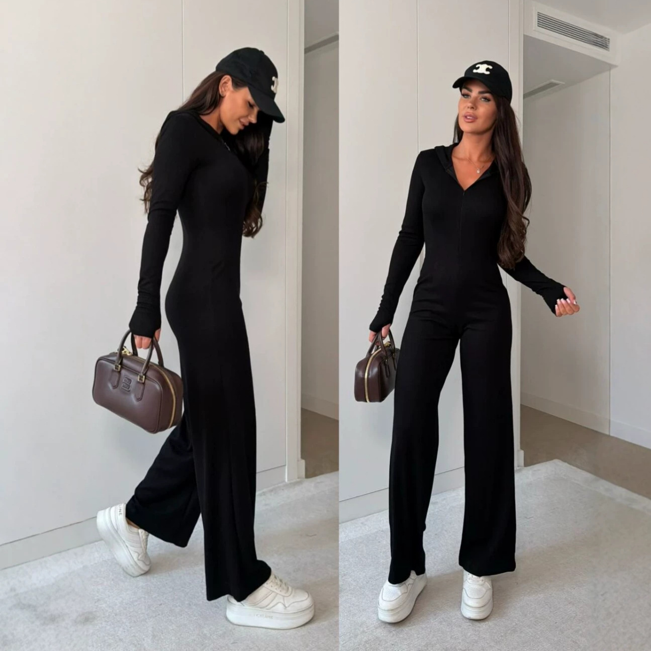Women's Long Sleeve Solid Zip-Up Jumpsuit Minimalist Sporty