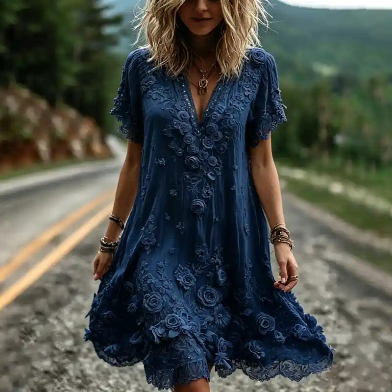 Women's Vintage Floral Print Pleated Midi Dress