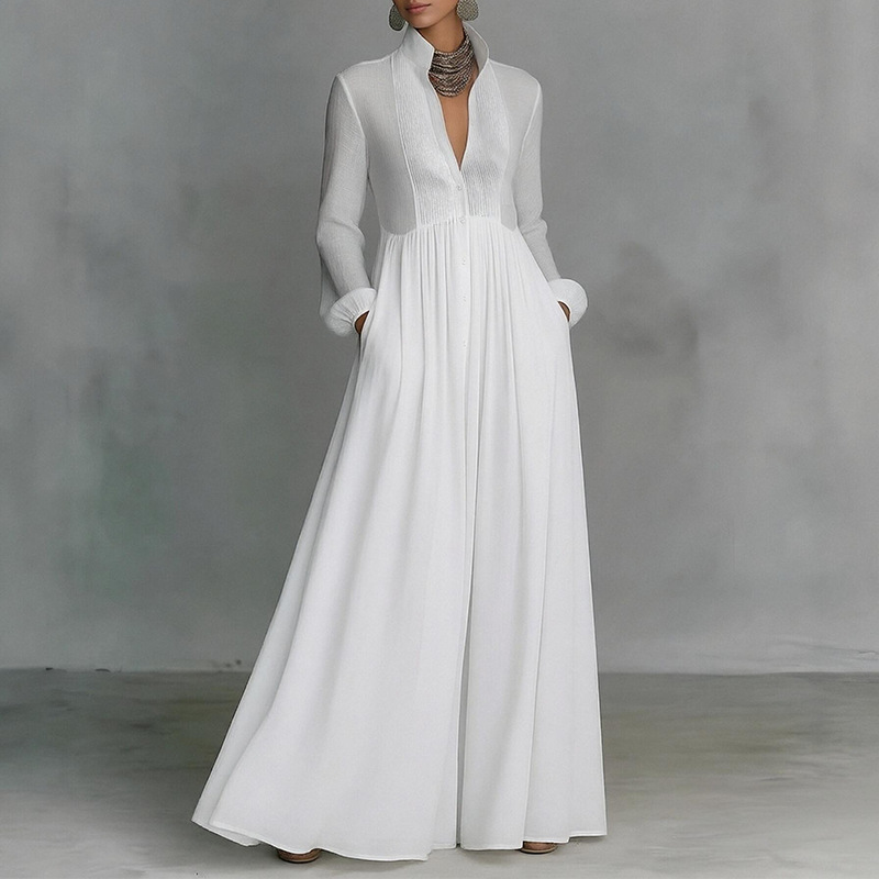 Women's Slim Fit V-Neck Colorblock Long Dress