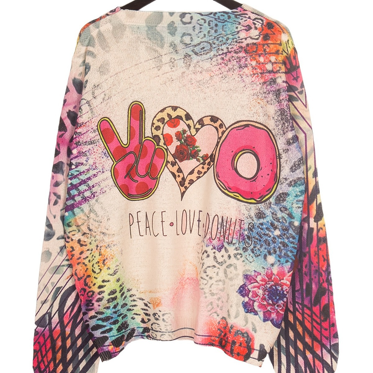 3D Heart Knit Pullover Sweater Long Sleeve Crew Neck Colorblock