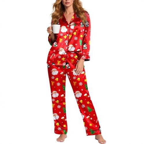 Women's Cuban Collar Christmas Santa Butterfly Print Long Sleeve Shirt Set