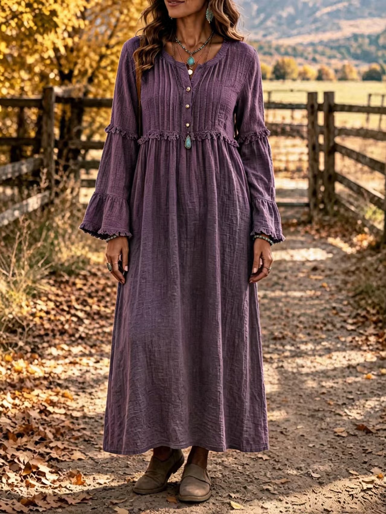 Lace Trim Fringe Button Loose Casual Dress