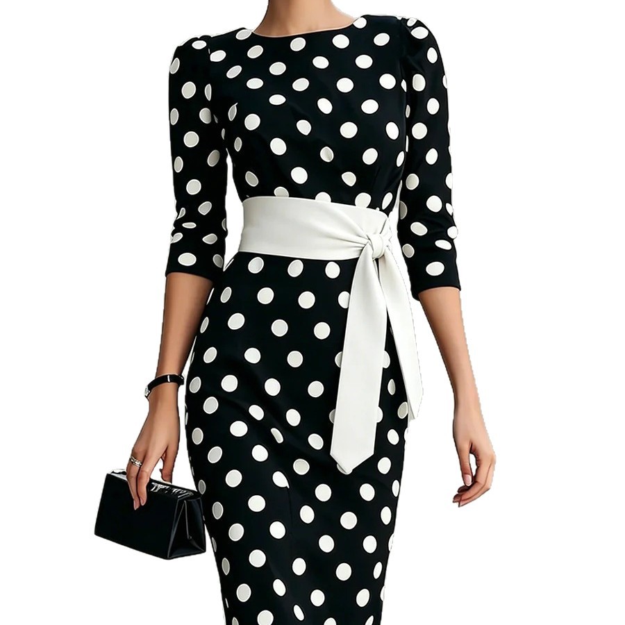 Color-Block Polka Dot Belted Slim Fit Long Sleeve Dress