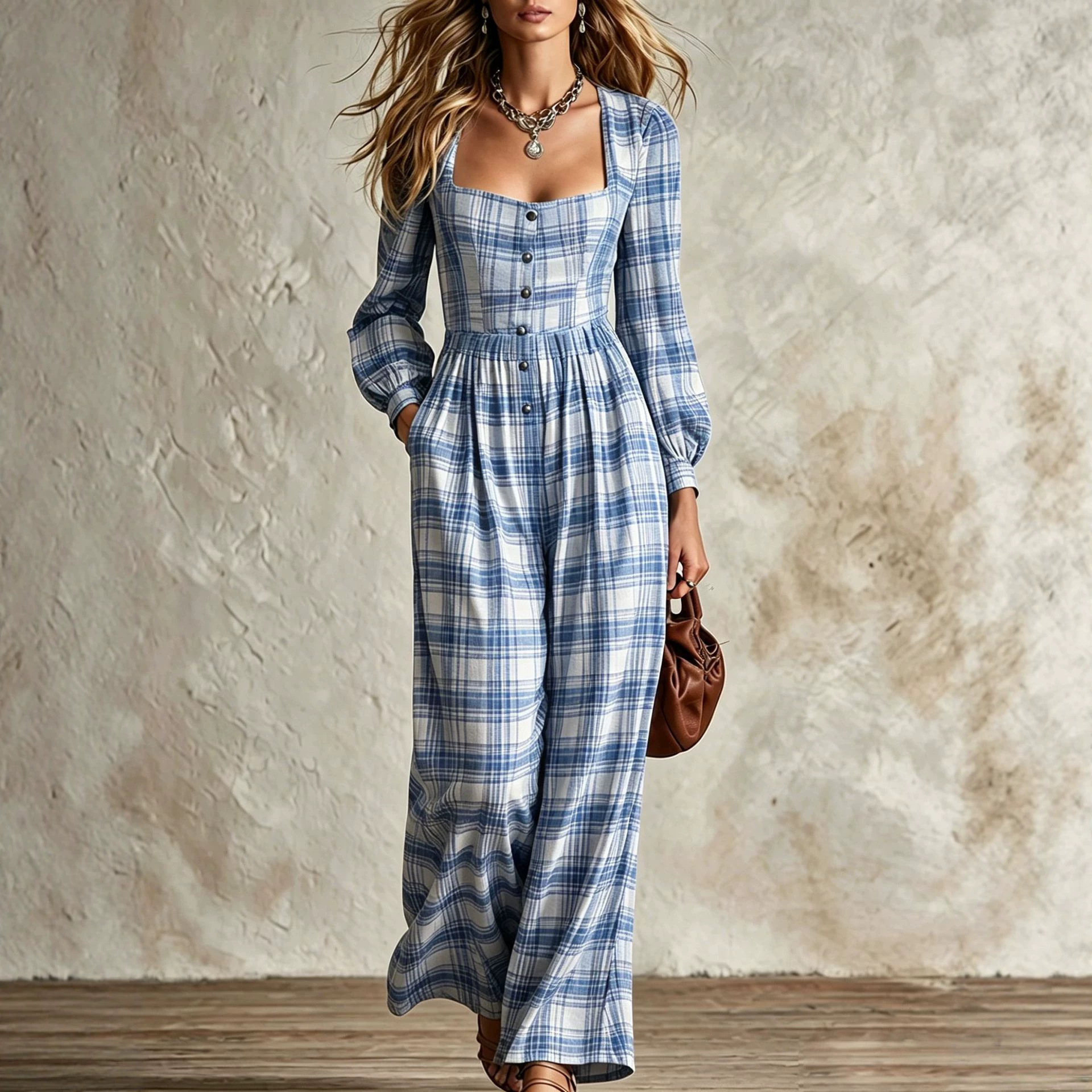 Plaid Square Neck Button-Front Wide-Leg Jumpsuit