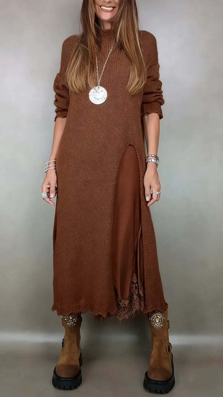 Lace Cami Slit Sweater Dress Two-Piece Set