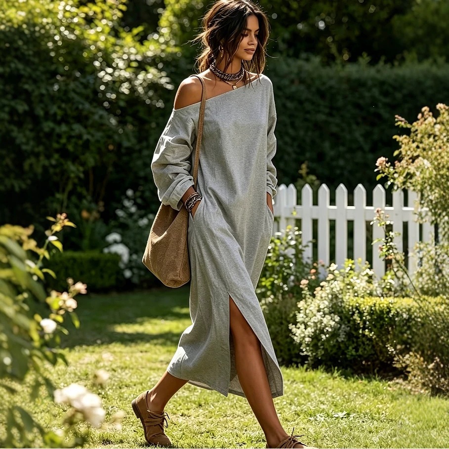 Boho Off-Shoulder Long-Sleeve Maxi Dress with Pockets
