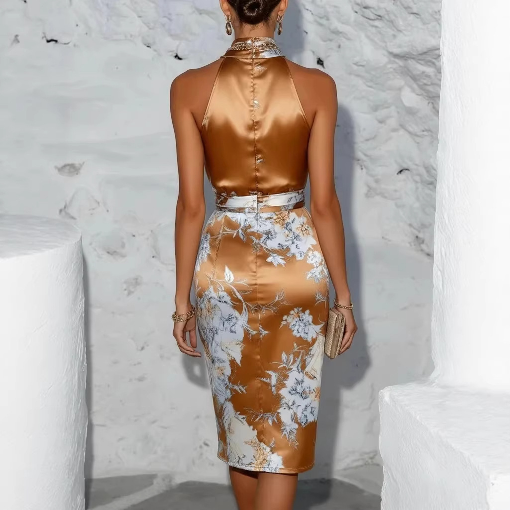 Halter Neck Printed Satin Dress Elegant Evening Gown