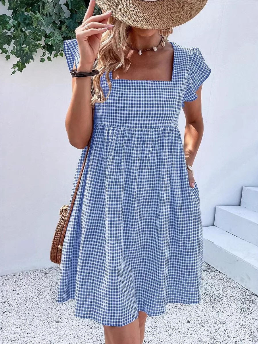 Ruffle Sleeve Square Neck Plaid High Waist Dress