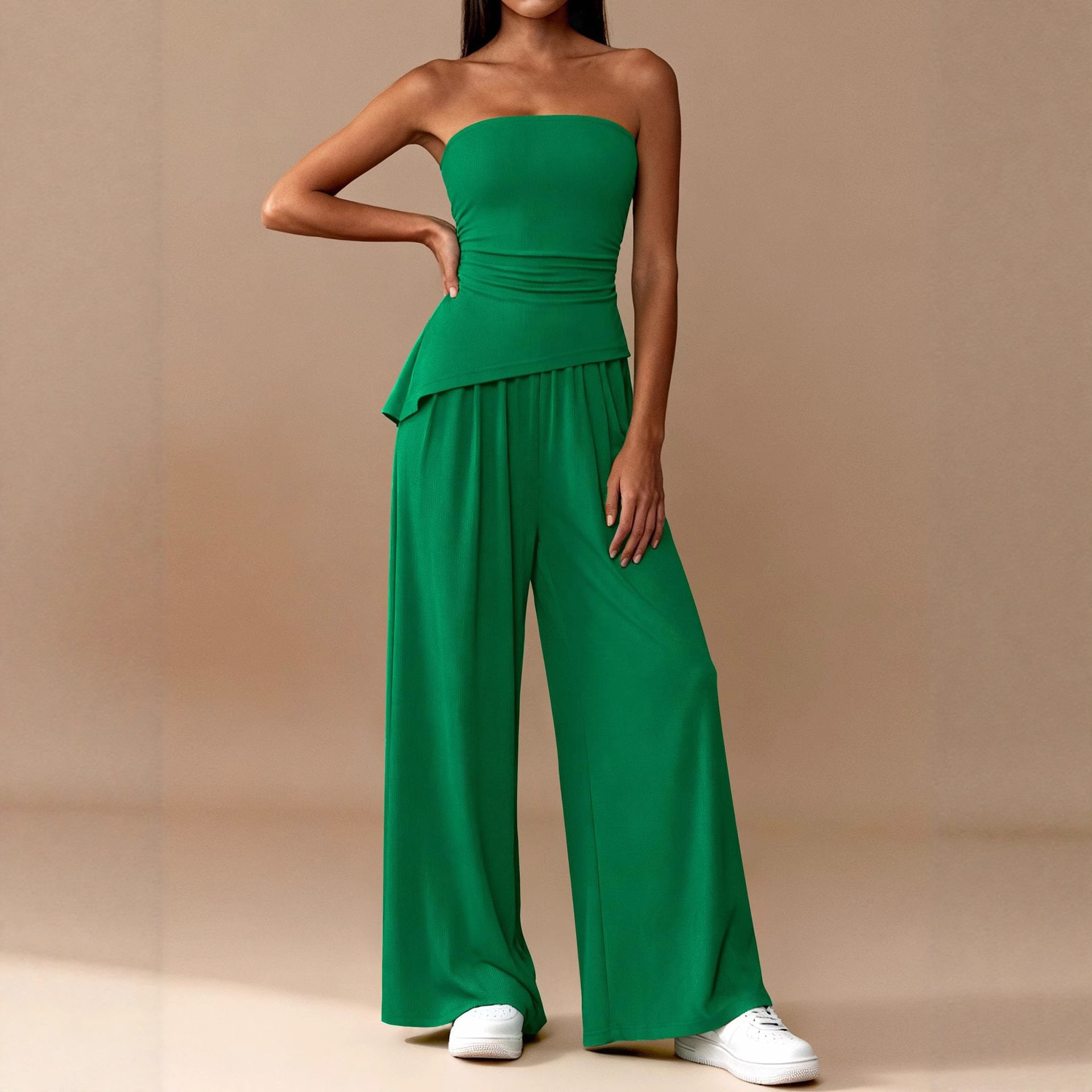 Solid V-Neck Short-Sleeve Top & Wide-Leg Pants 2-Piece Casual Set