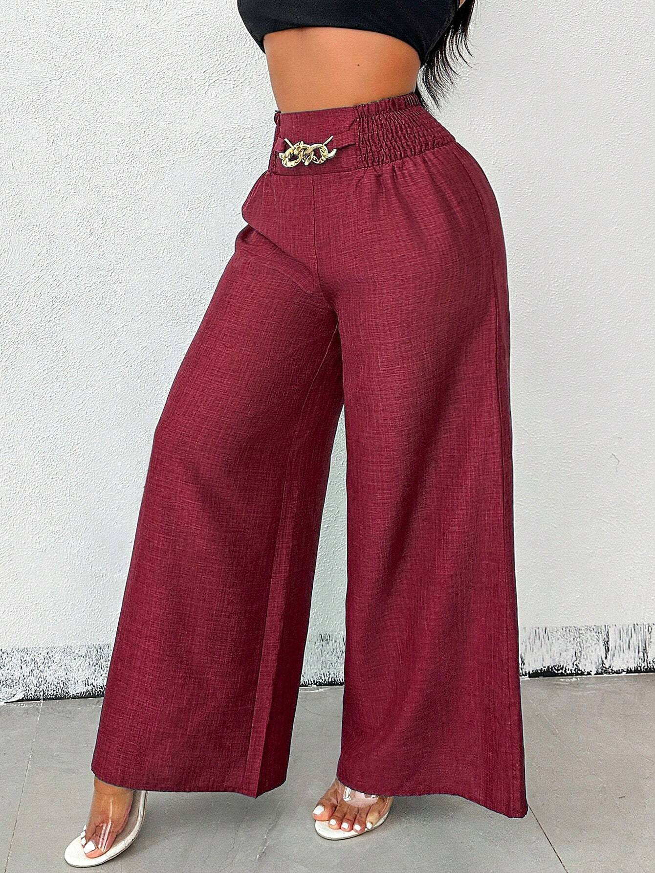 Women's High-Waist Wide-Leg Pants with Elastic Waist and Chain Detail