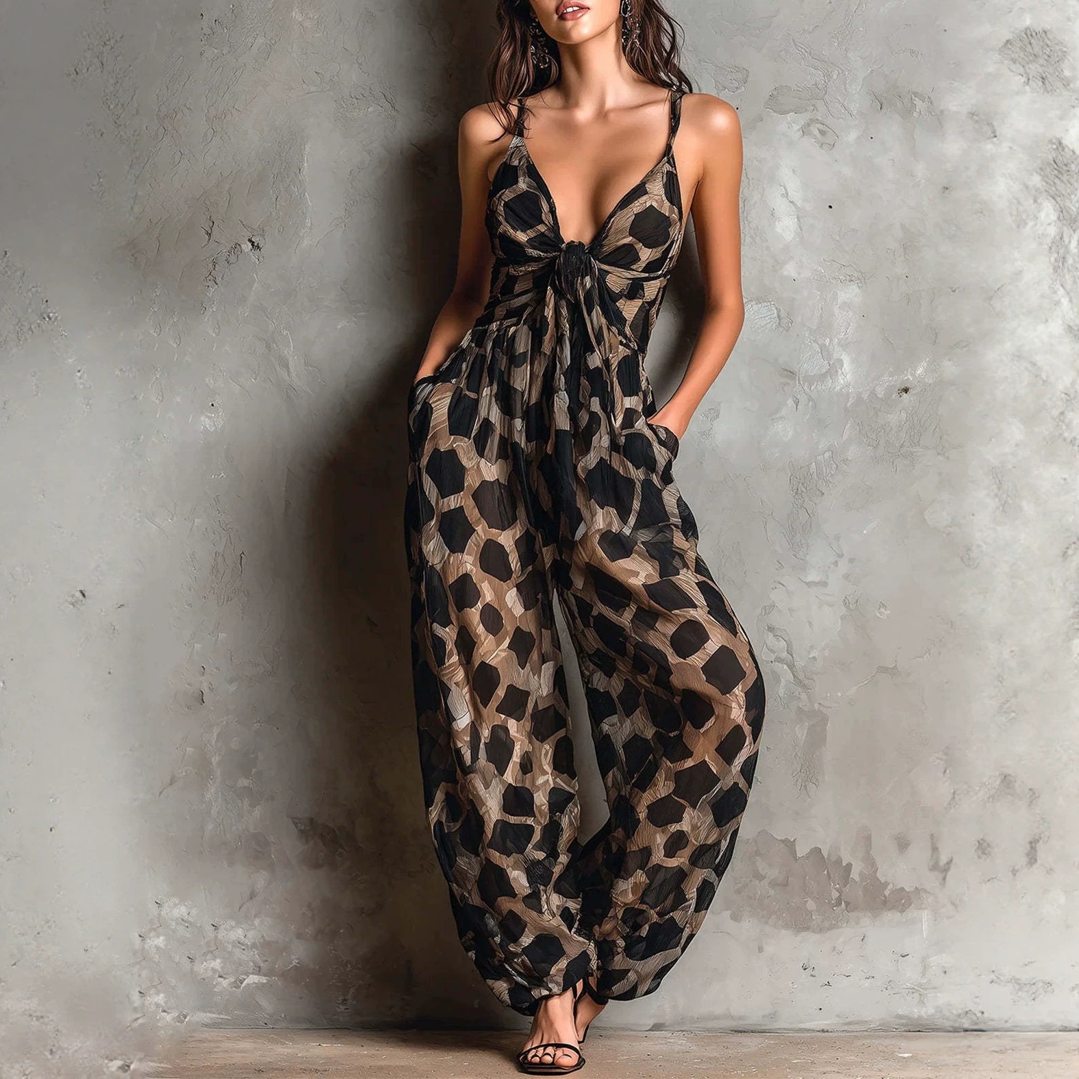 Leopard Print Deep V Twist Strap Wide-Leg Jumpsuit