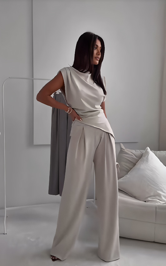 Casual Solid Color Two-Piece Pants Set Long Sleeve Polyester