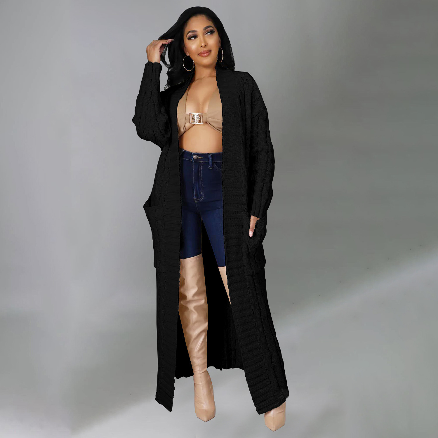 Cable-Knit Open-Front Long Cardigan with Pockets