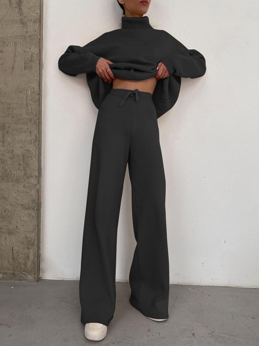 Women's Long Sleeve Wide Leg Pants Set High Neck Loose Casual Two Piece