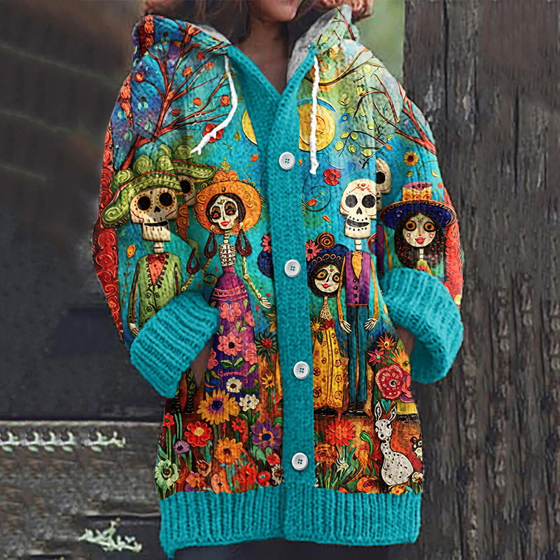 Women's Vintage Animal Print Hooded Button Cardigan