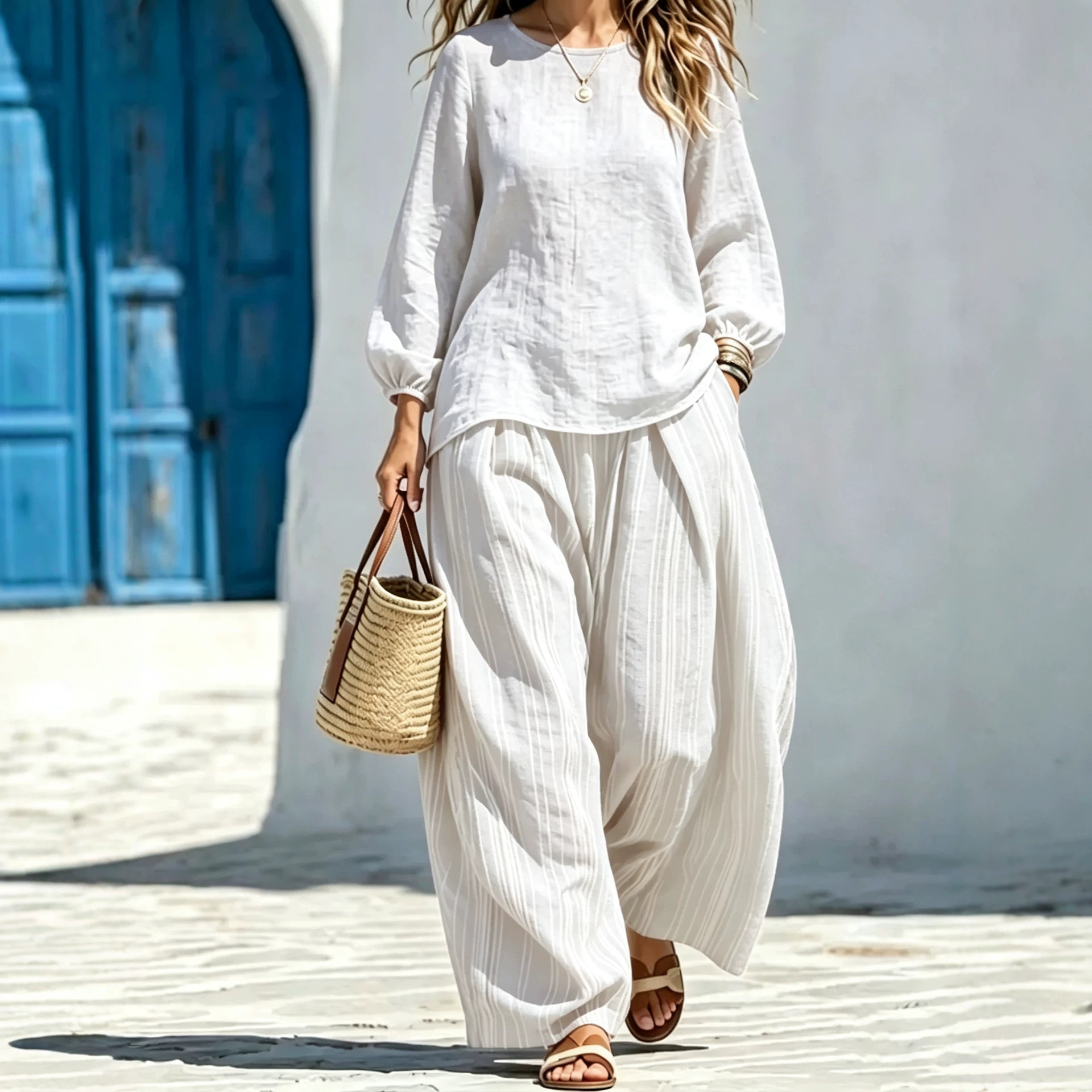 Women's Lantern Sleeve Top and Striped Wide-Leg Pants Set