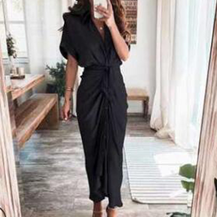 Elegant Short Sleeve Solid Knot High Waist A-Line Long Dress