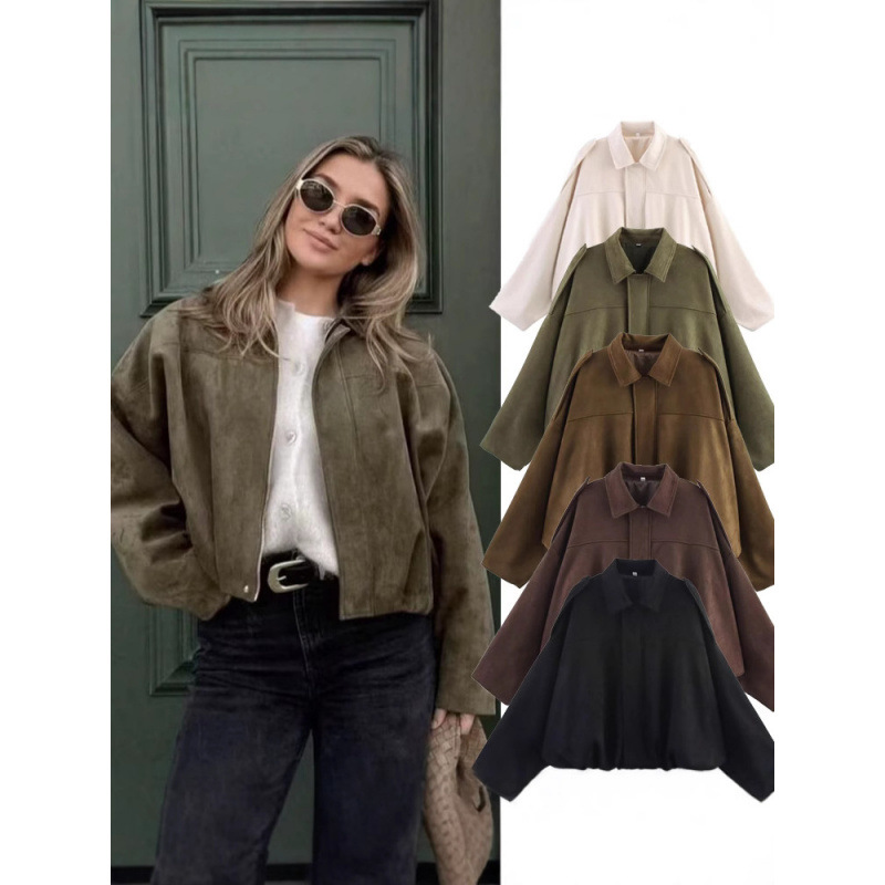 Sueded Faux Leather Bomber Jacket with Collar